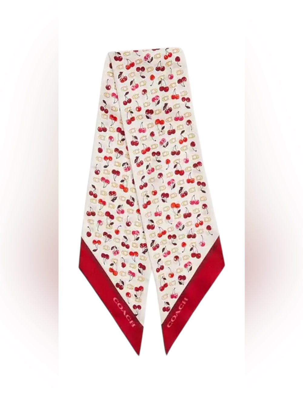 Coach Sculpted C Cherries Print Silk Wide Skinny Scarf New with tags